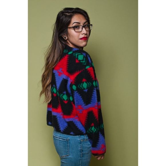 Vintage Sweaters - Vintage 90s Black GEOMETRIC Southwestern Cardigan
